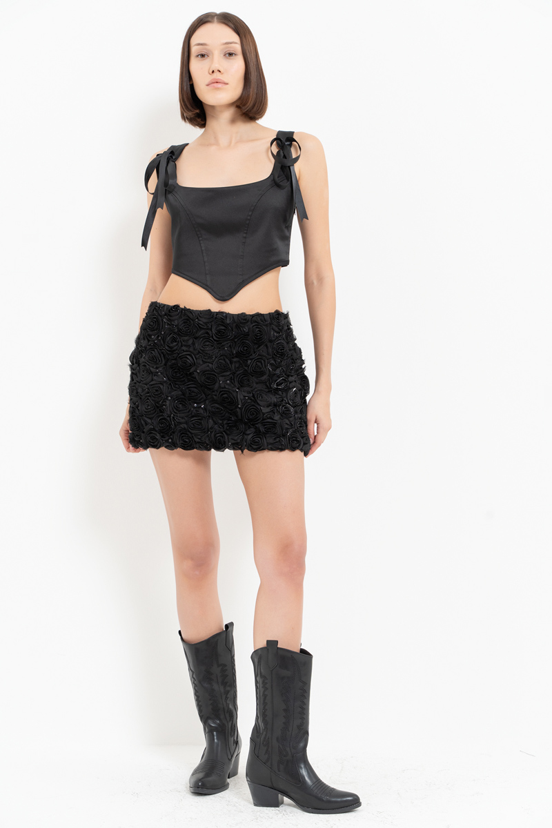 Black Rose-Accent Mini Skirt