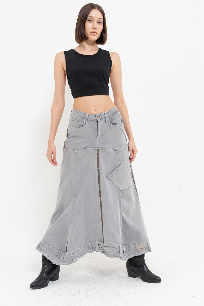 Gray Pieced Denim Maxi Skirt