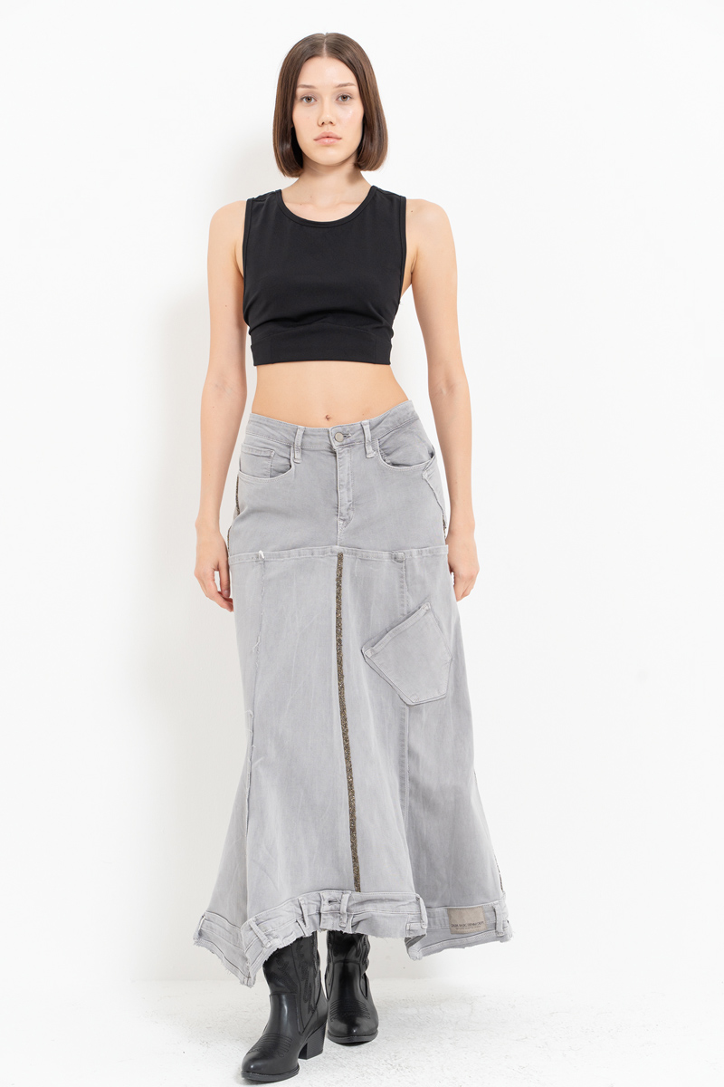 Gray Pieced Denim Maxi Skirt