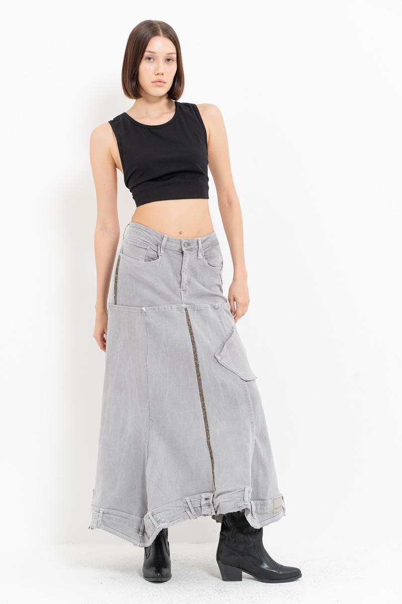 Gray Pieced Denim Maxi Skirt