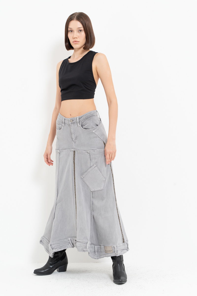 Gray Pieced Denim Maxi Skirt