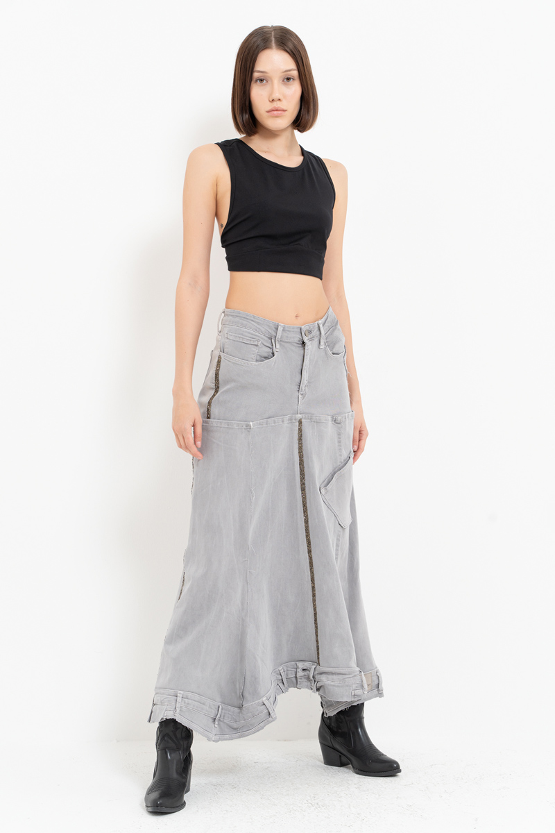 Gray Pieced Denim Maxi Skirt