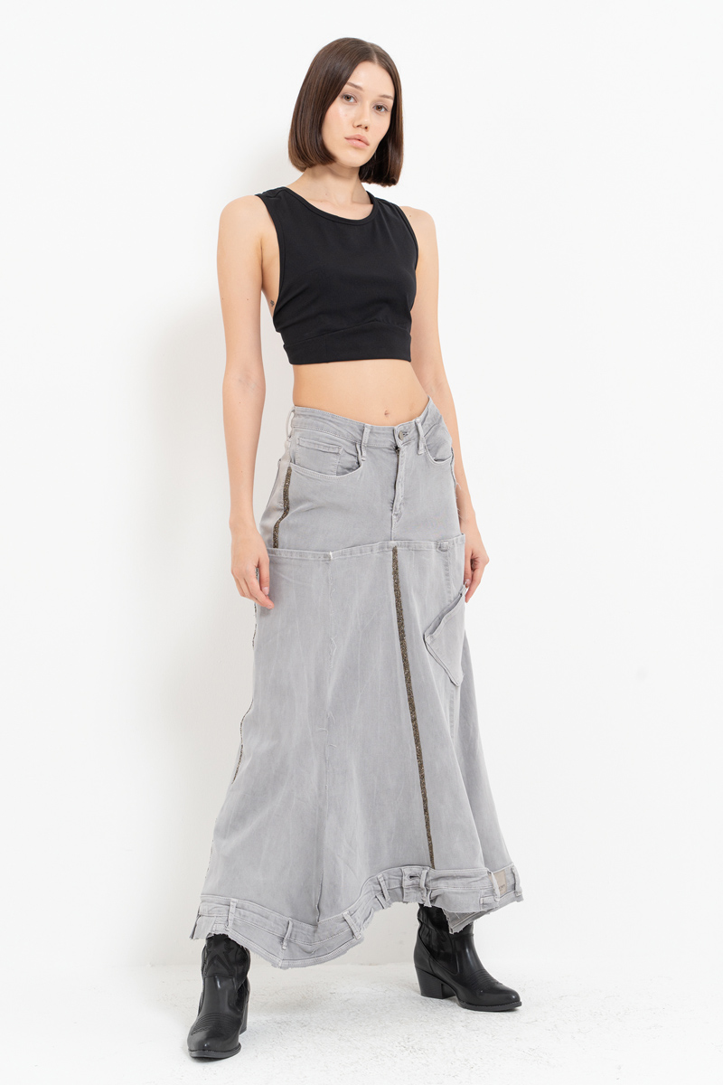 Gray Pieced Denim Maxi Skirt