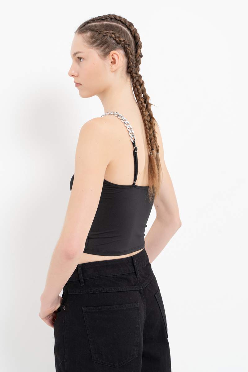 Wholesale Black Chain-Strap One-Shoulder Top