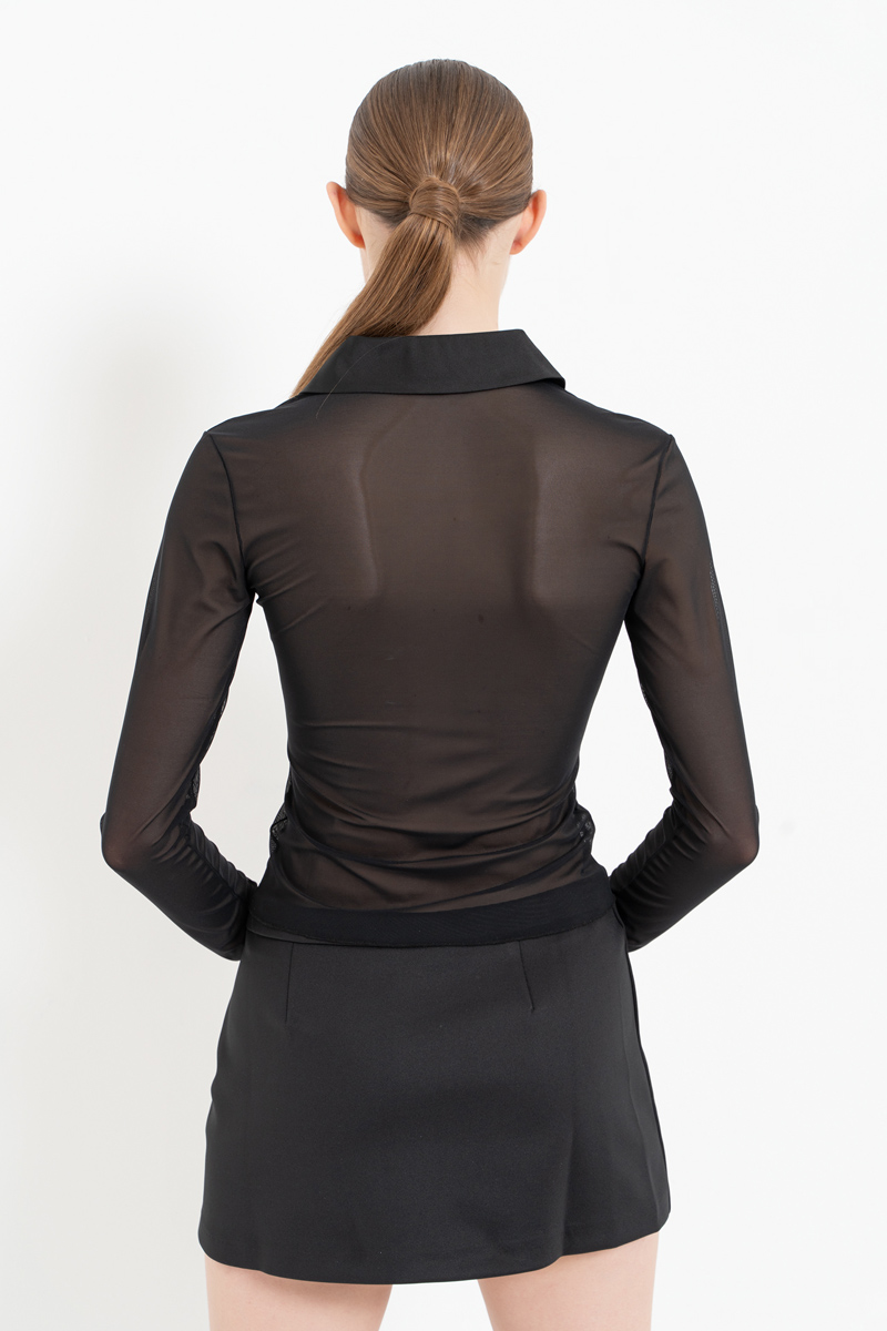 Wholesale Sheer Black Shirt-Collar Top