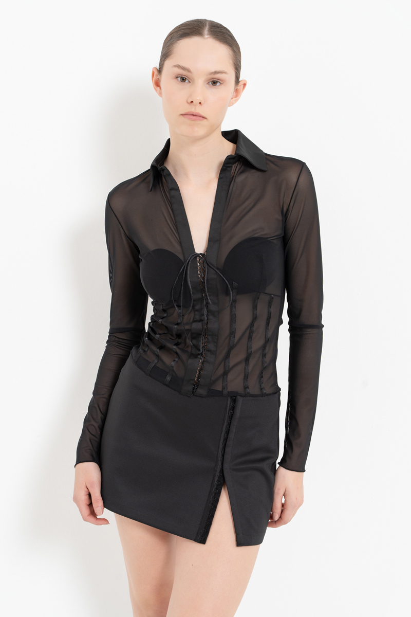 Wholesale Sheer Black Shirt-Collar Top