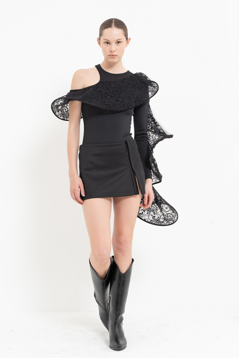 Wholesale Black-Black Wired-Design One-Shoulder Bodysuit