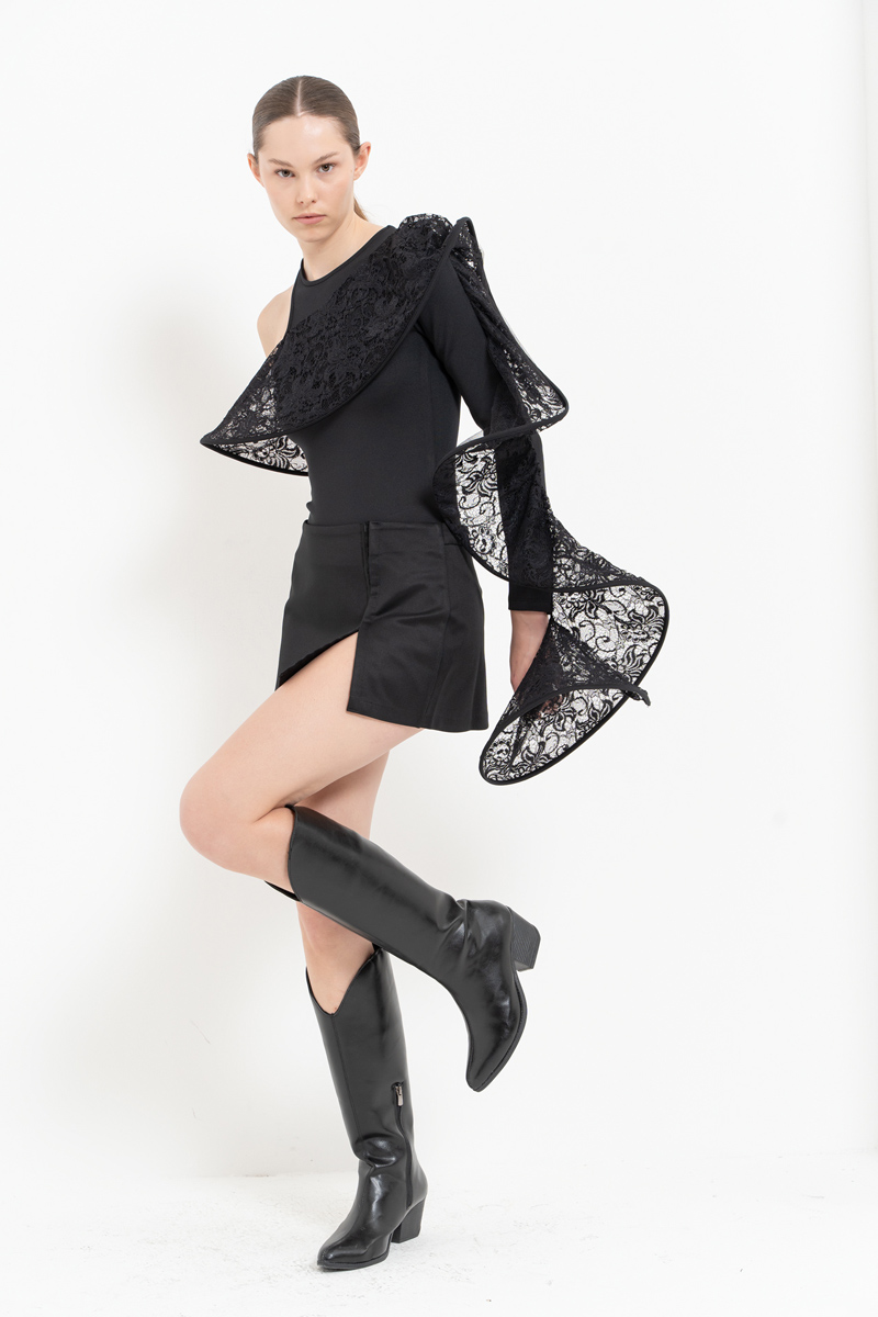Wholesale Black-Black Wired-Design One-Shoulder Bodysuit