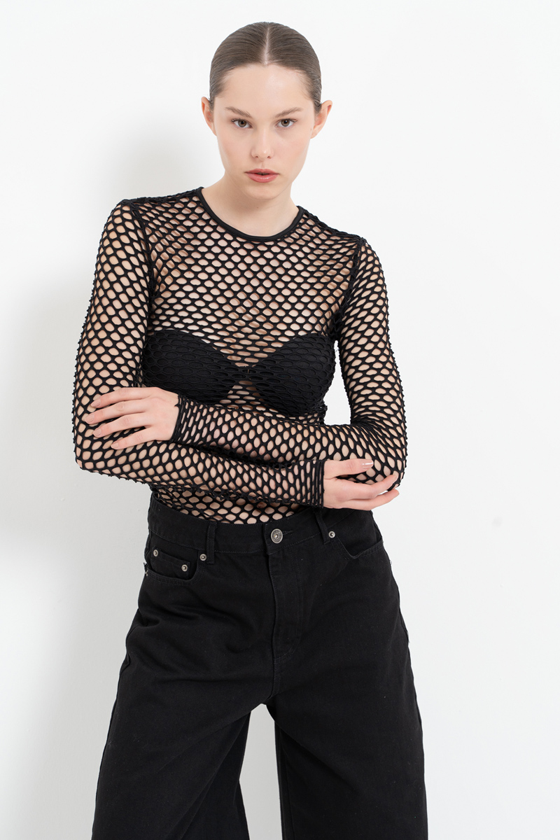 Black Long-Sleeve Net Top