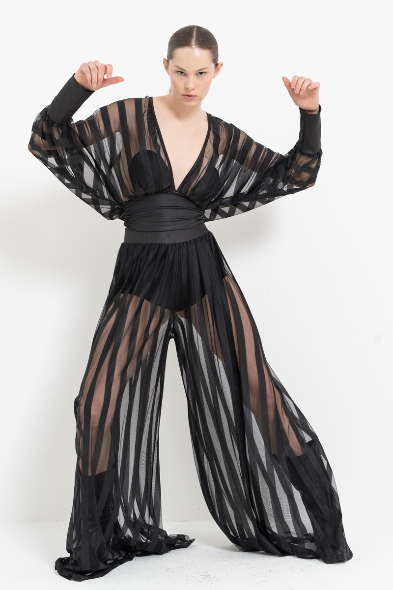 Wholesale Sheer Blouse Wide Leg Black Set