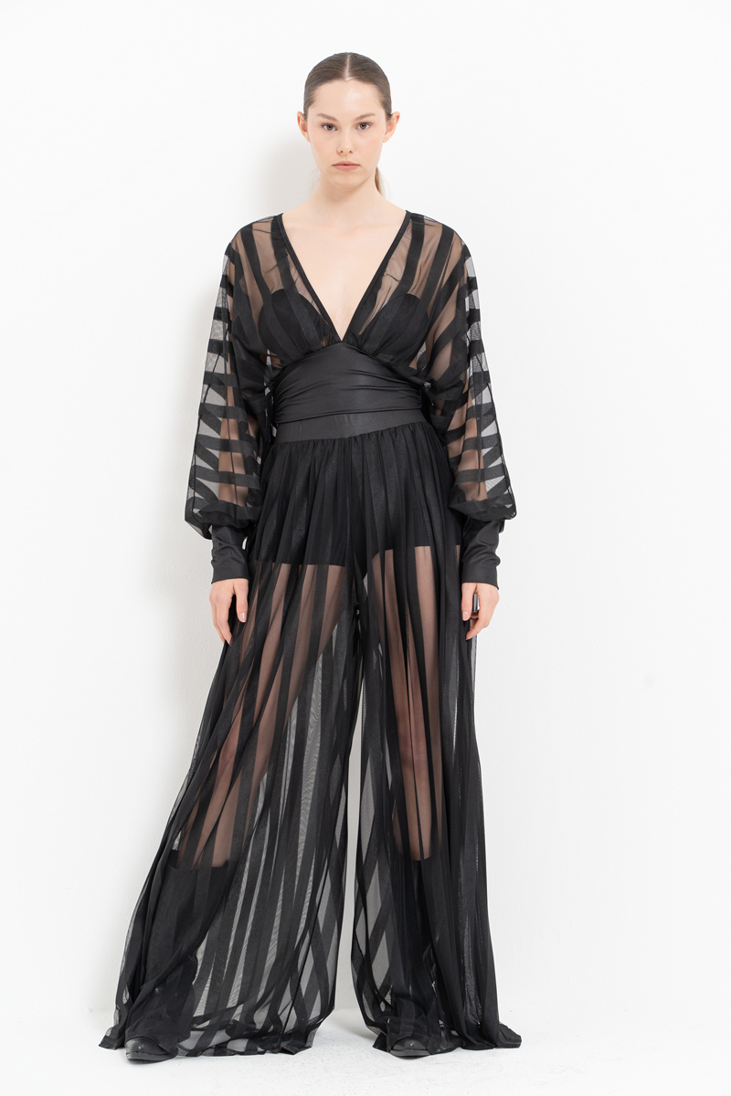 Wholesale Sheer Blouse Wide Leg Black Set