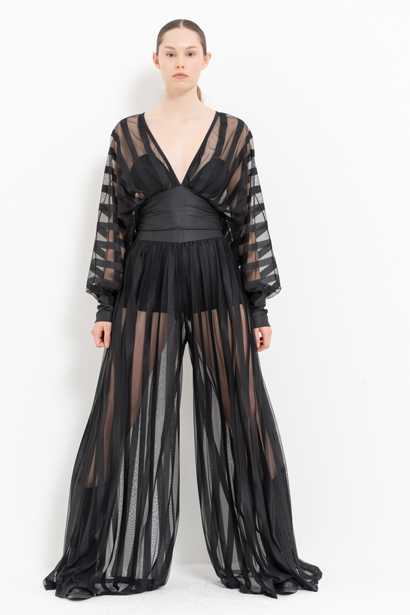 Wholesale Sheer Blouse Wide Leg Black Set