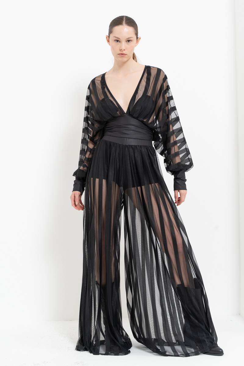 Wholesale Sheer Blouse Wide Leg Black Set