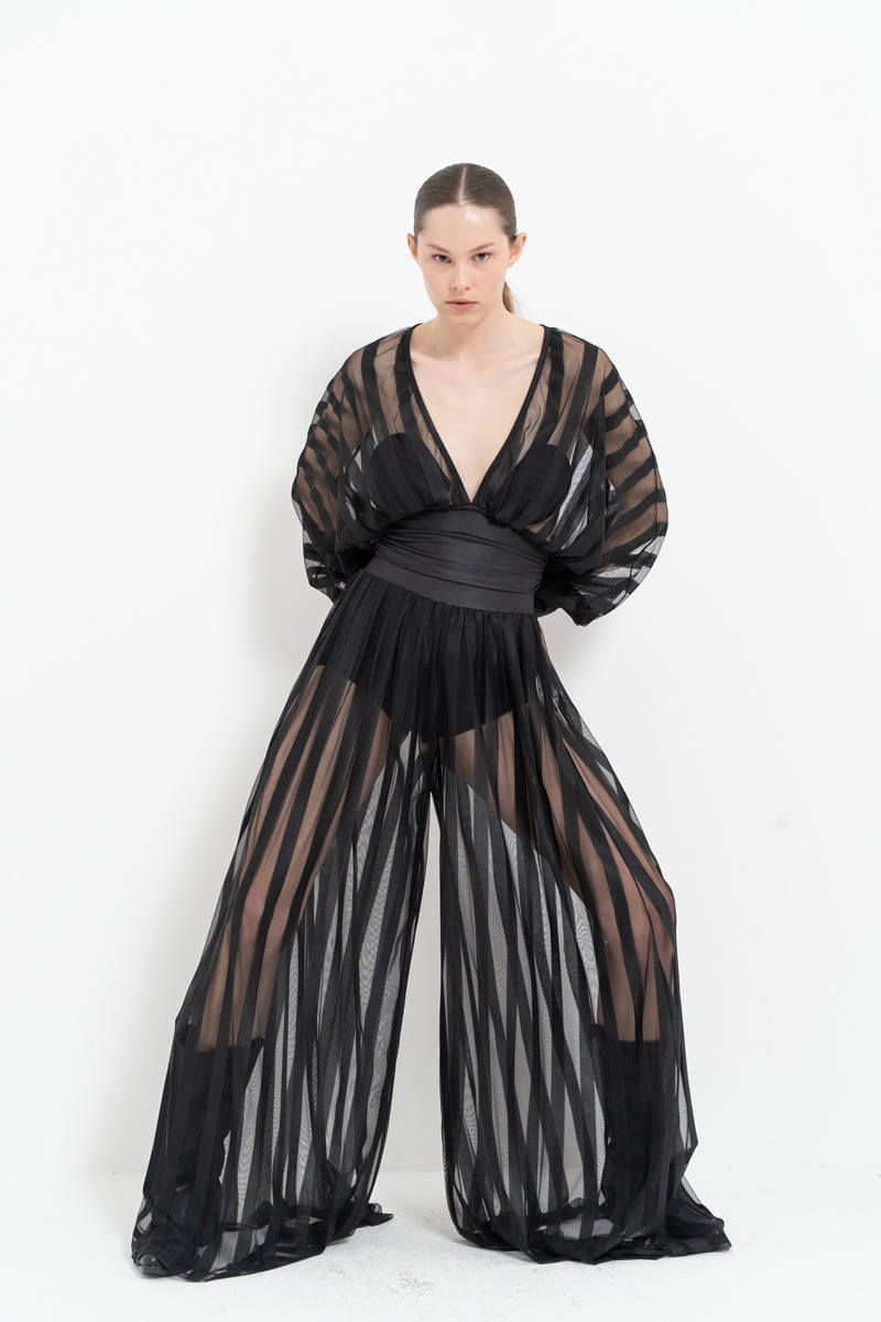 Wholesale Sheer Blouse Wide Leg Black Set