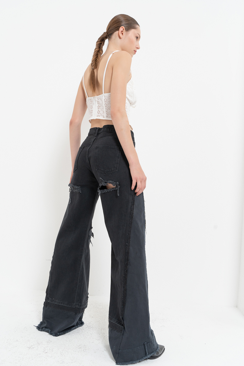 Black Slit-Design Wide-Leg Pants