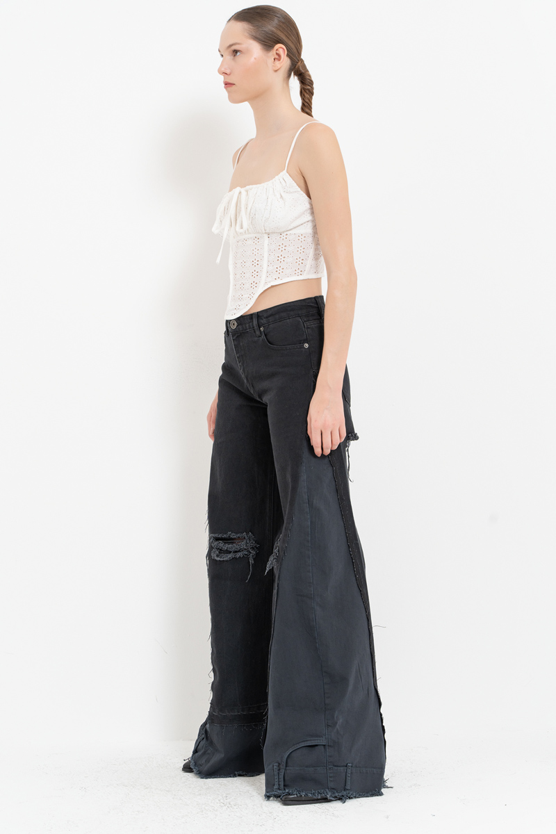 Black Slit-Design Wide-Leg Pants