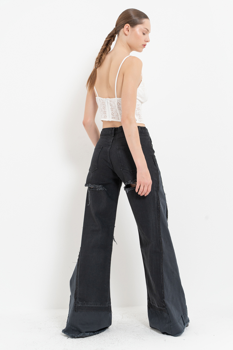 Black Slit-Design Wide-Leg Pants