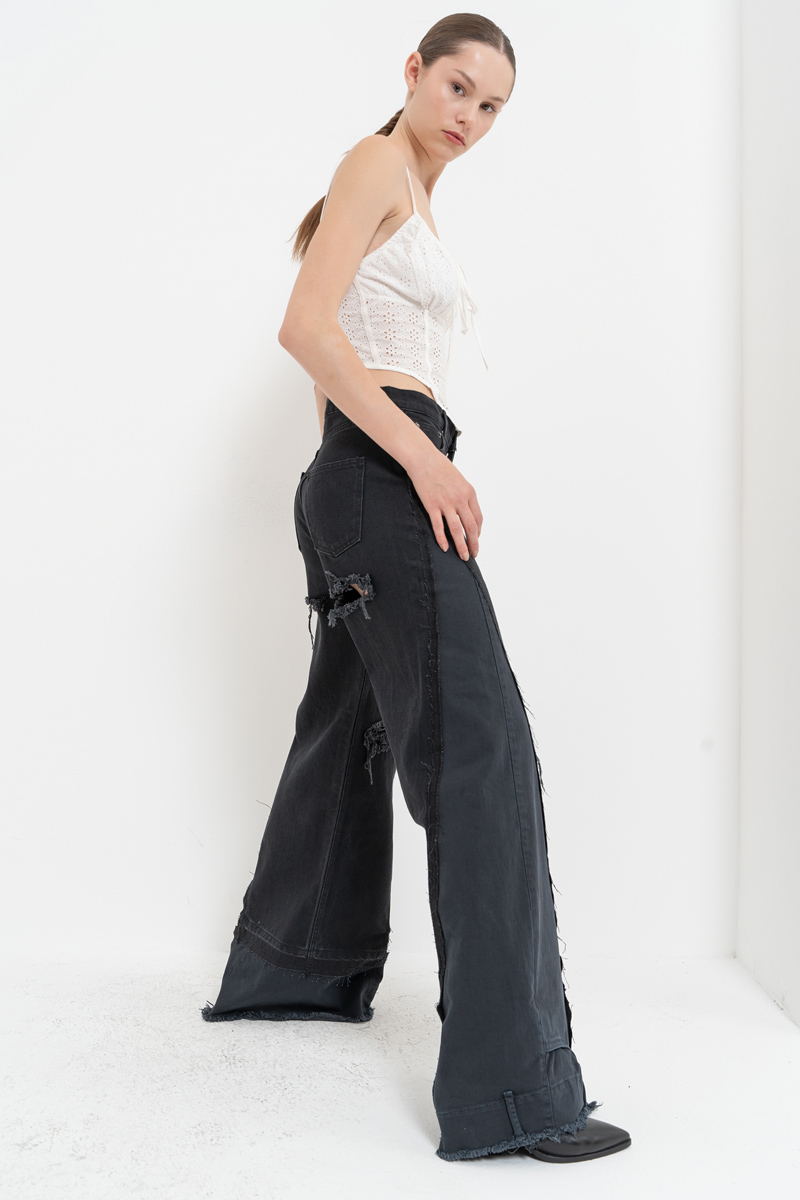 Black Slit-Design Wide-Leg Pants