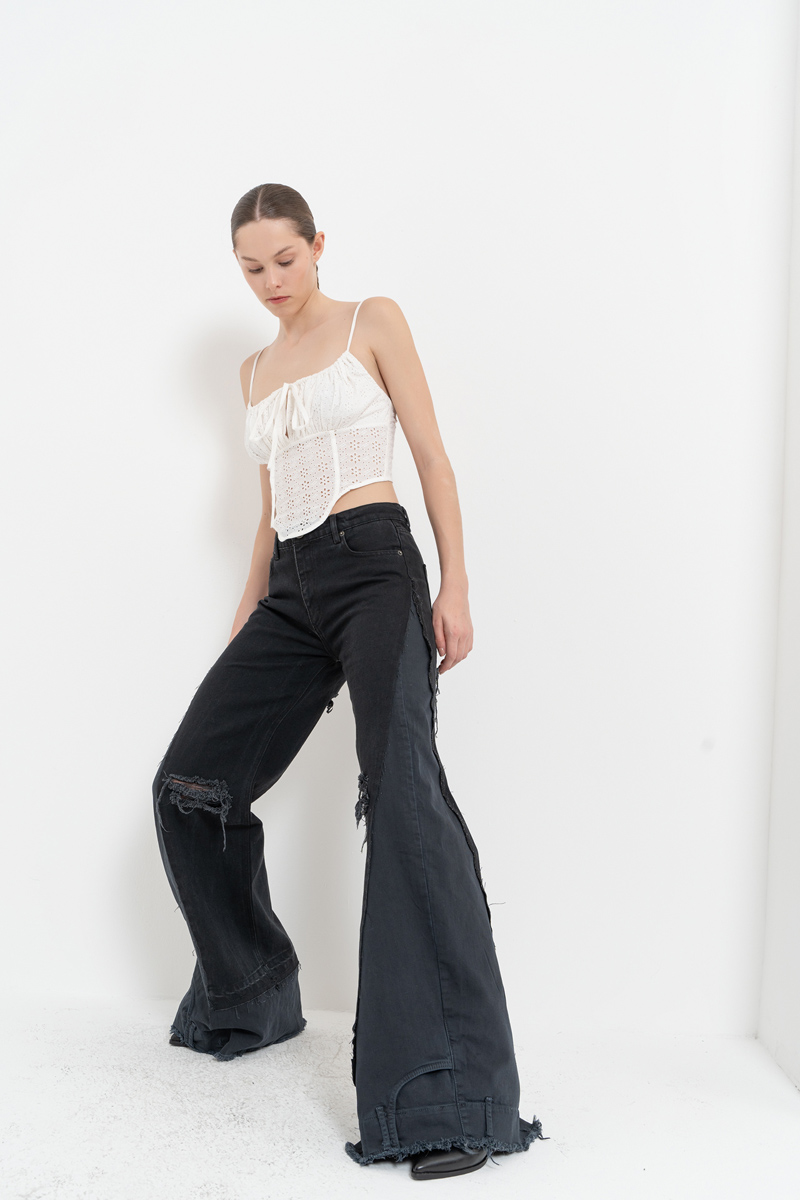 Black Slit-Design Wide-Leg Pants