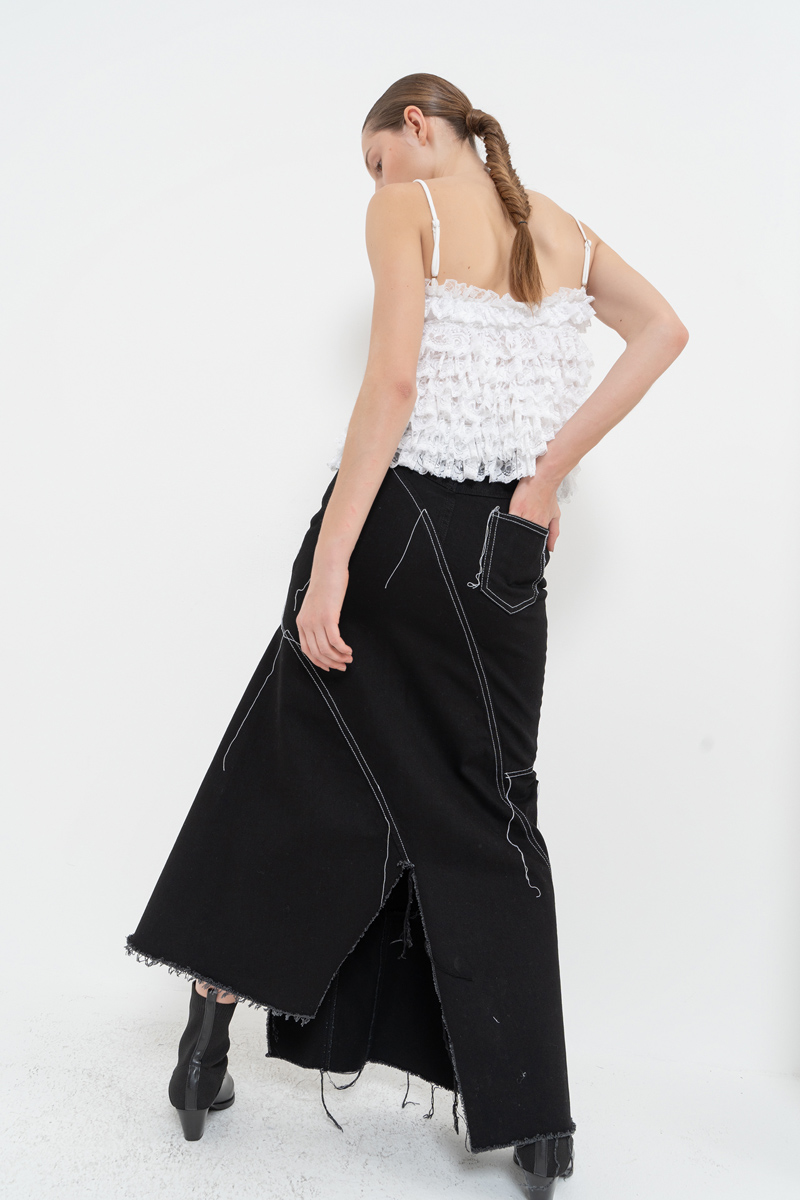 Black Pieced Denim Maxi Skirt