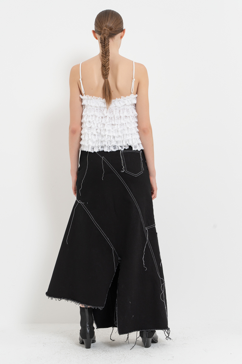 Black Pieced Denim Maxi Skirt