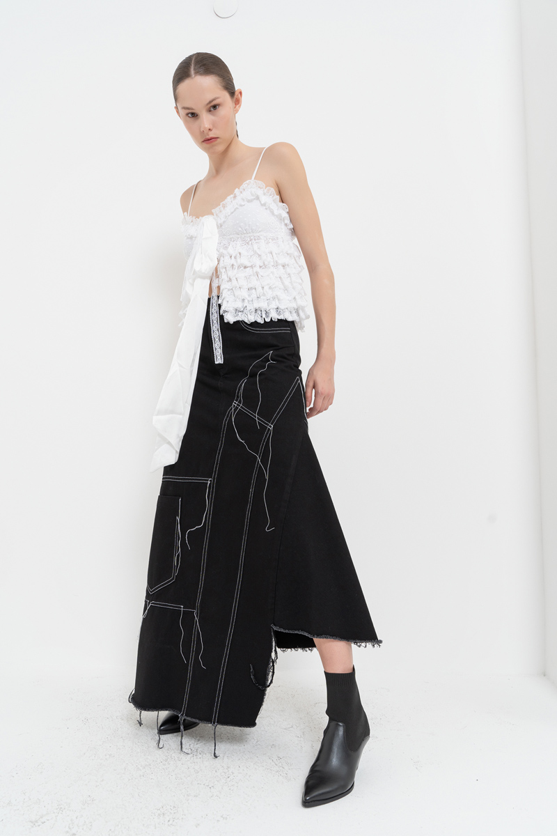 Black Pieced Denim Maxi Skirt