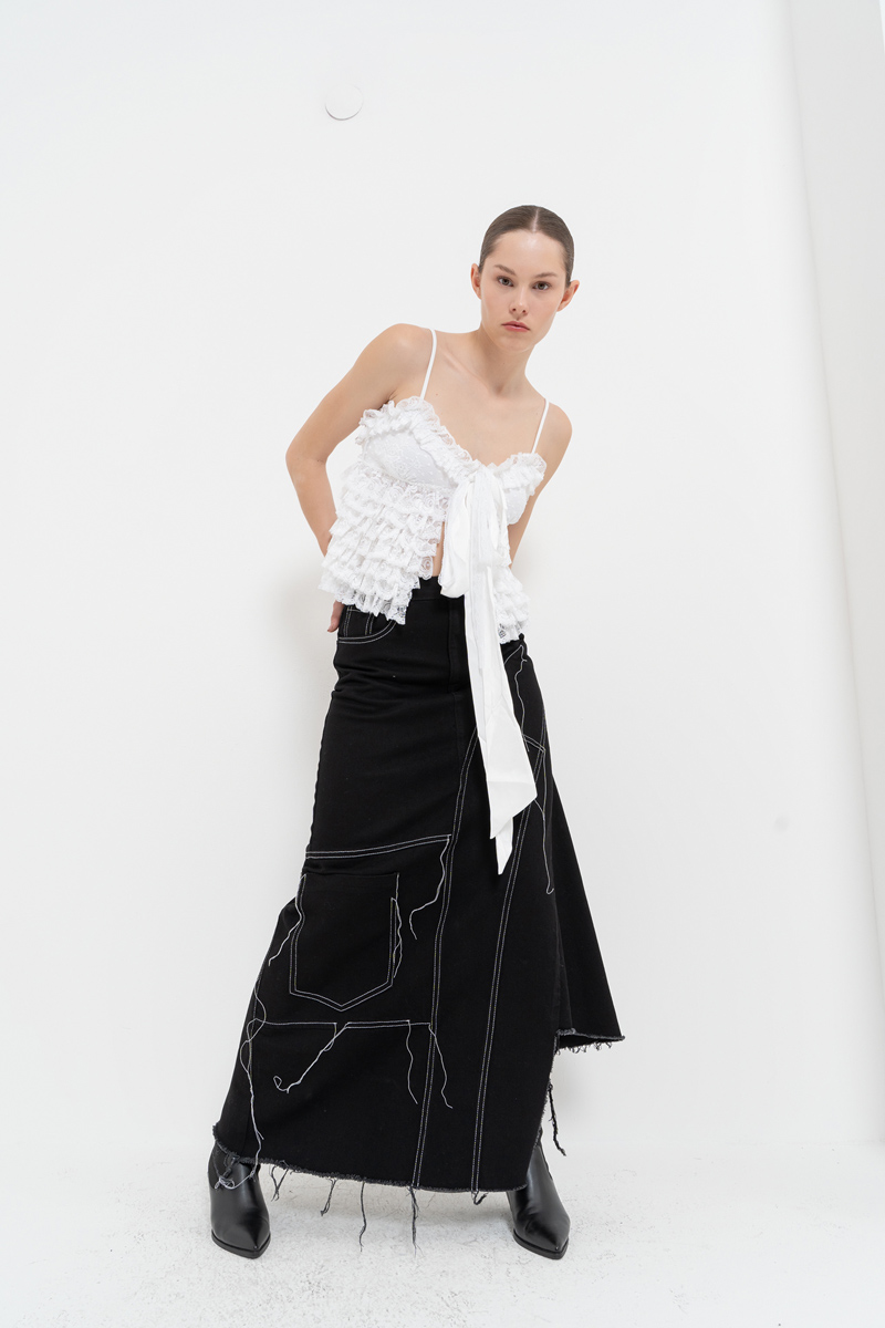 Black Pieced Denim Maxi Skirt