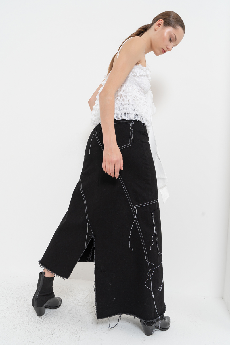 Black Pieced Denim Maxi Skirt