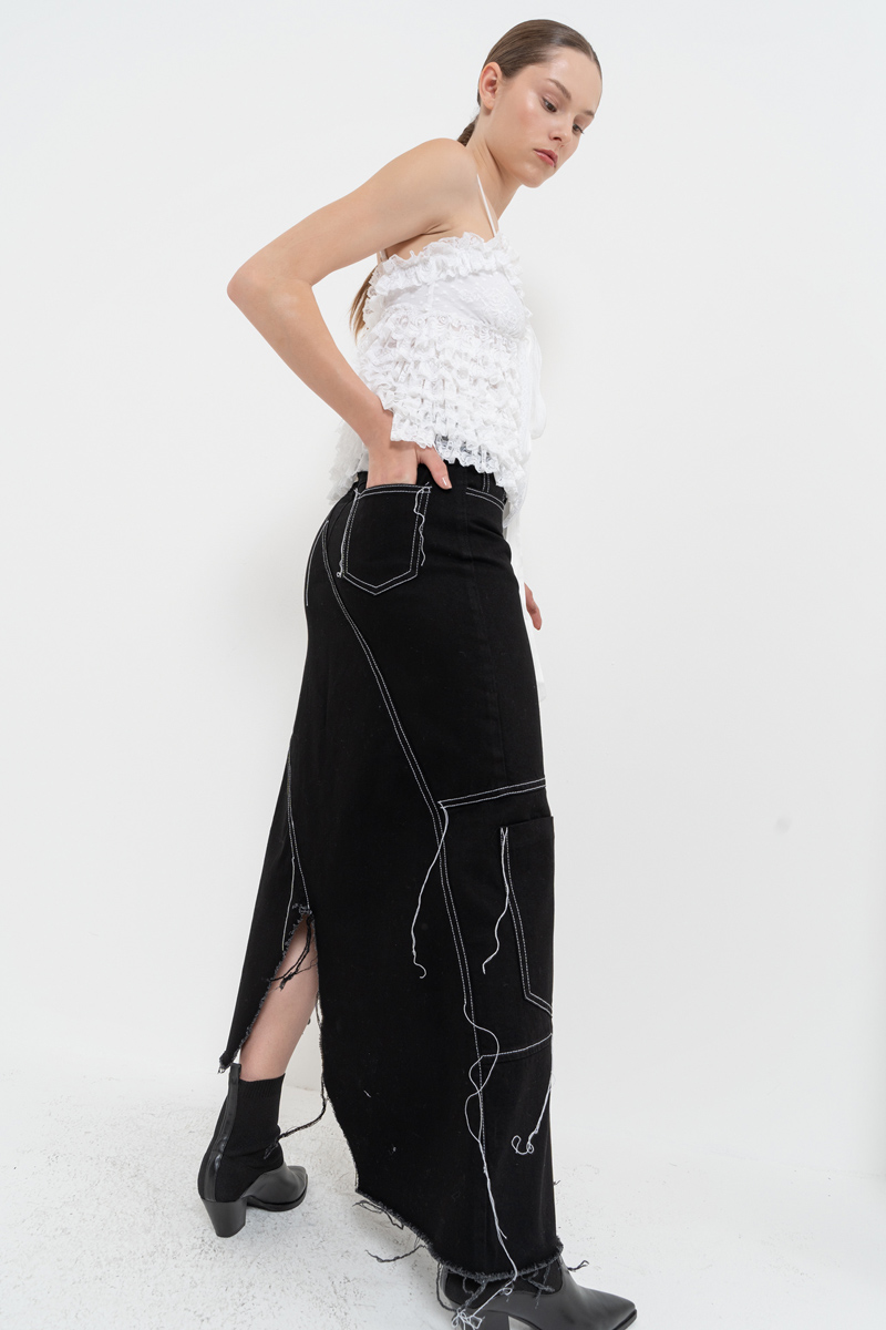 Black Pieced Denim Maxi Skirt