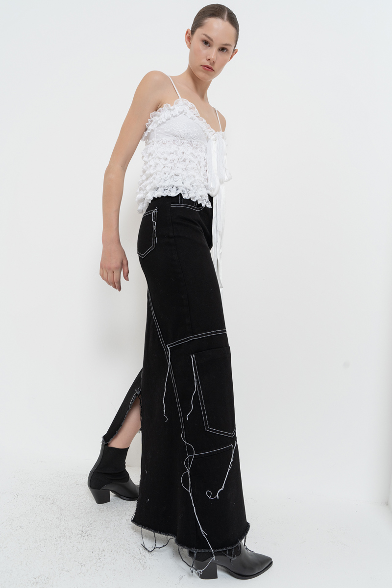 Black Pieced Denim Maxi Skirt