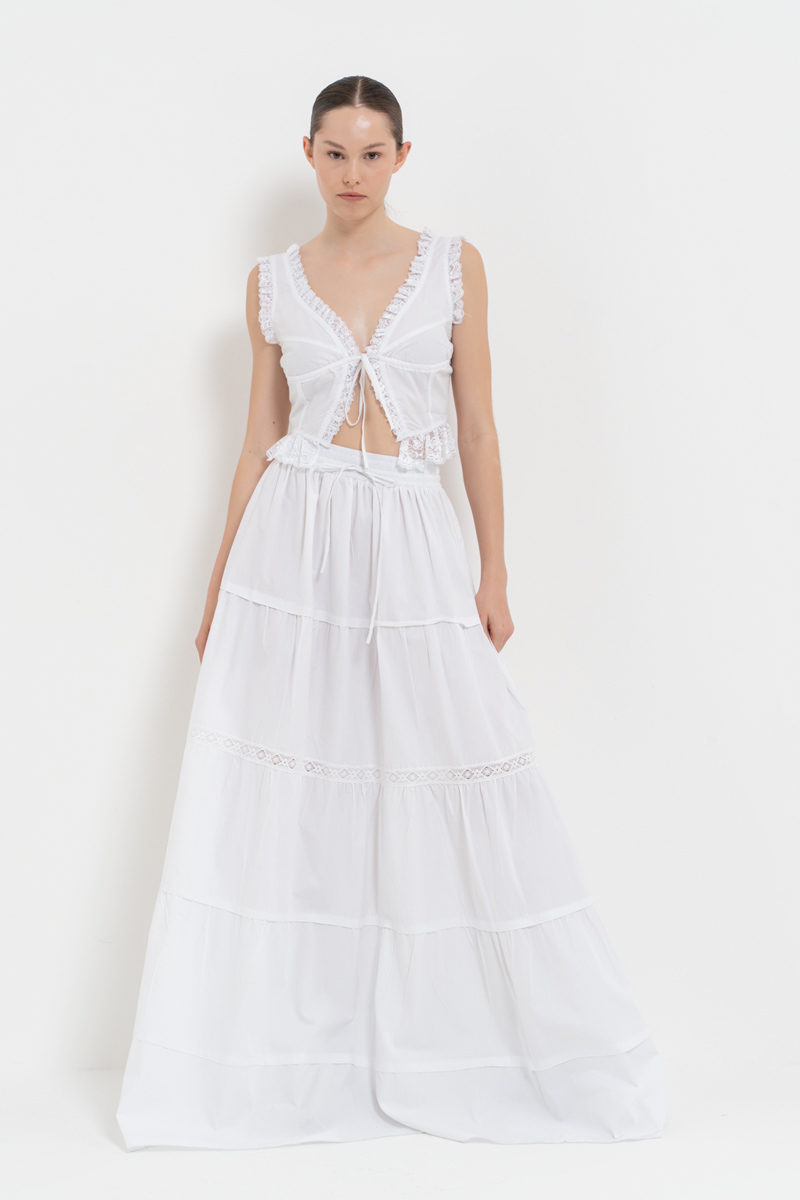 Offwhite Poplin Maxi Skirt with Elastic Waistband