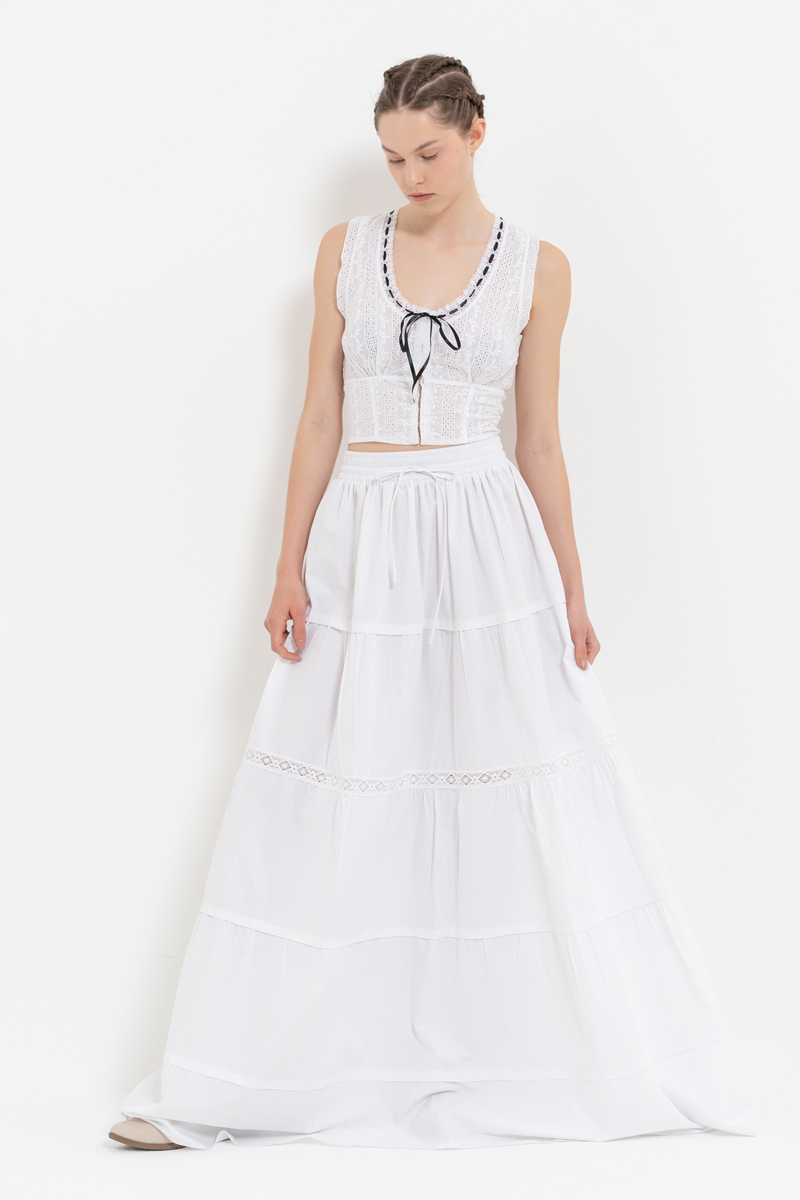 Offwhite Poplin Maxi Skirt with Elastic Waistband