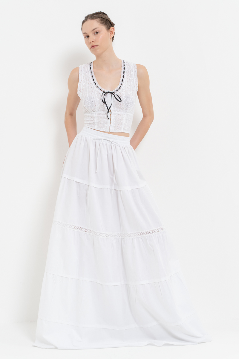 Offwhite Poplin Maxi Skirt with Elastic Waistband