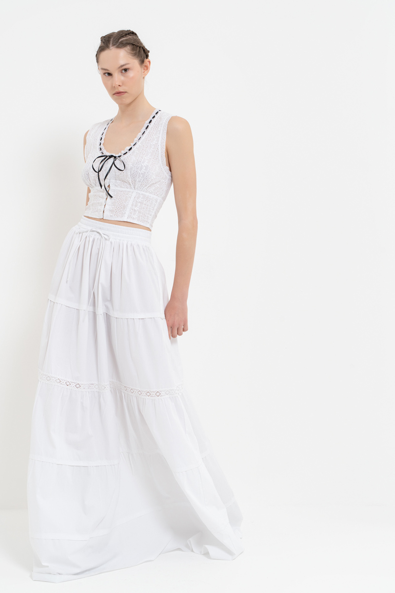 Offwhite Poplin Maxi Skirt with Elastic Waistband