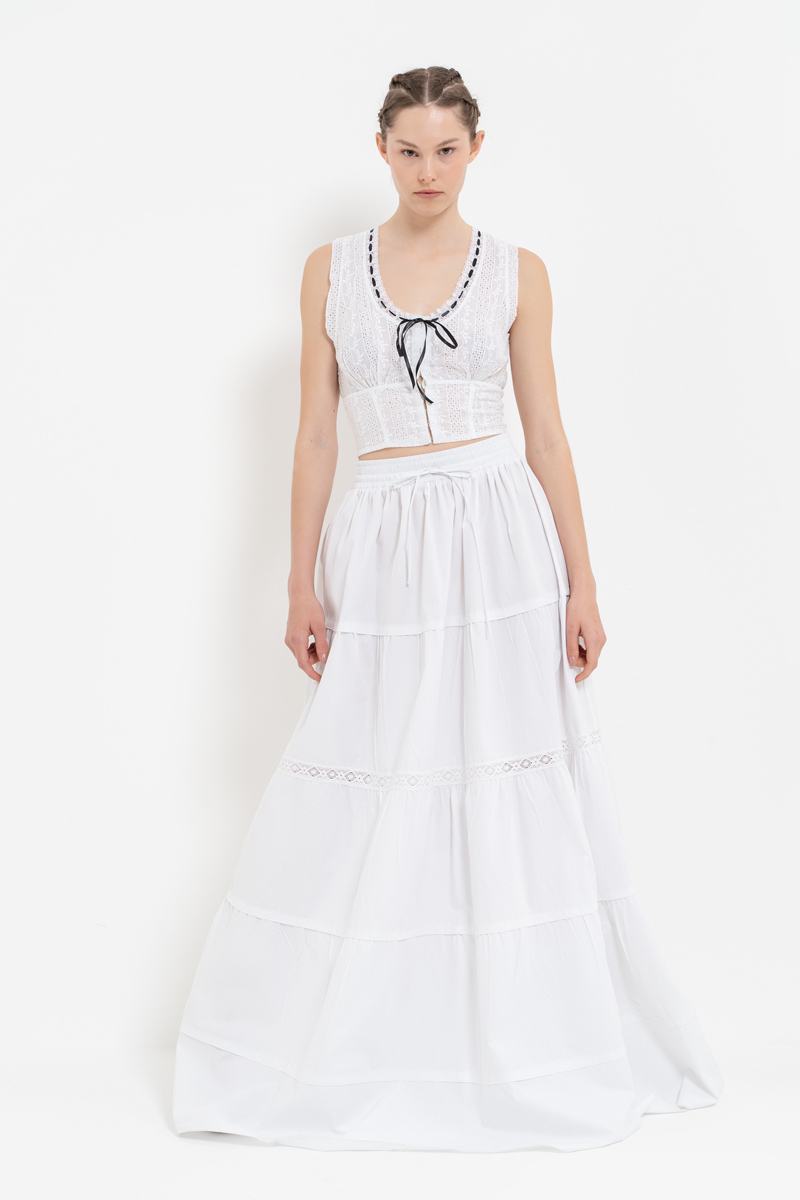 Offwhite Poplin Maxi Skirt with Elastic Waistband