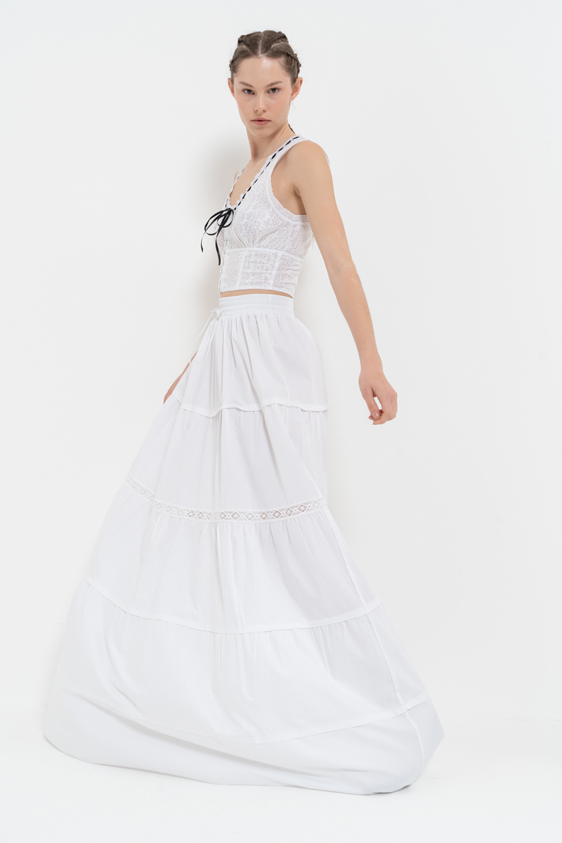 Offwhite Poplin Maxi Skirt with Elastic Waistband