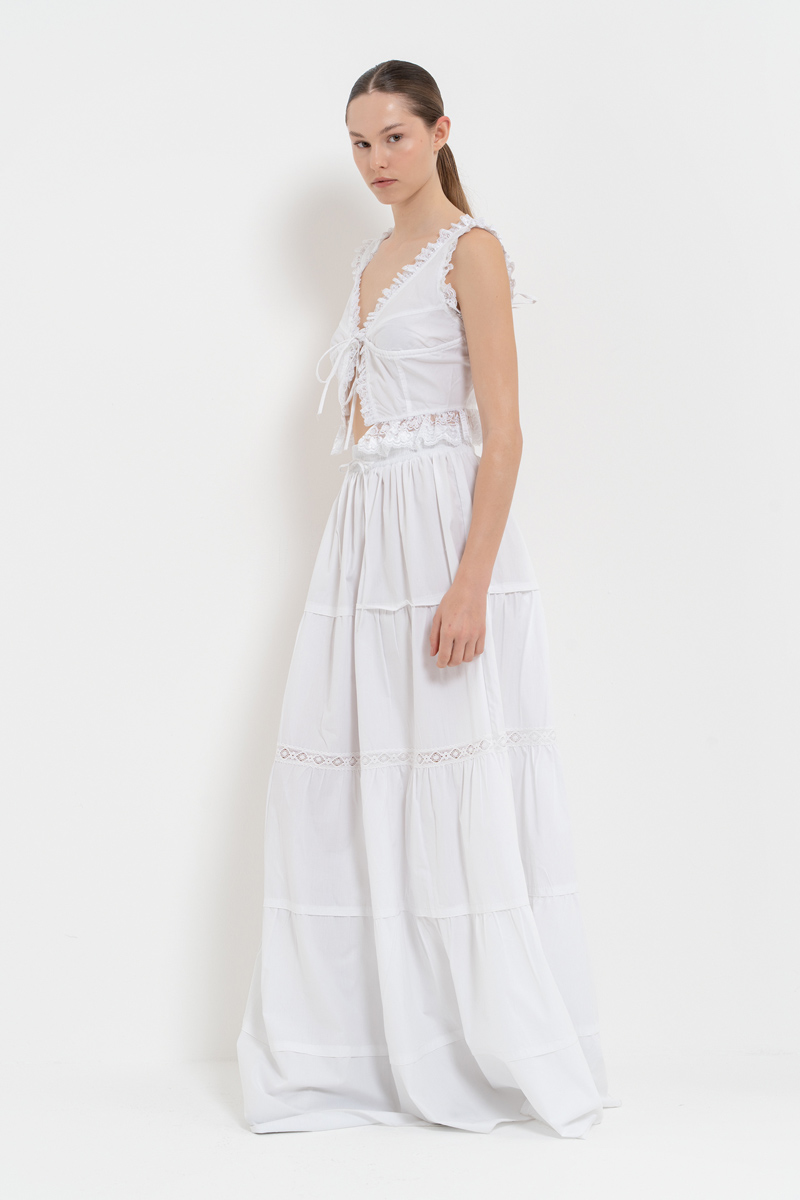 Offwhite Poplin Maxi Skirt with Elastic Waistband