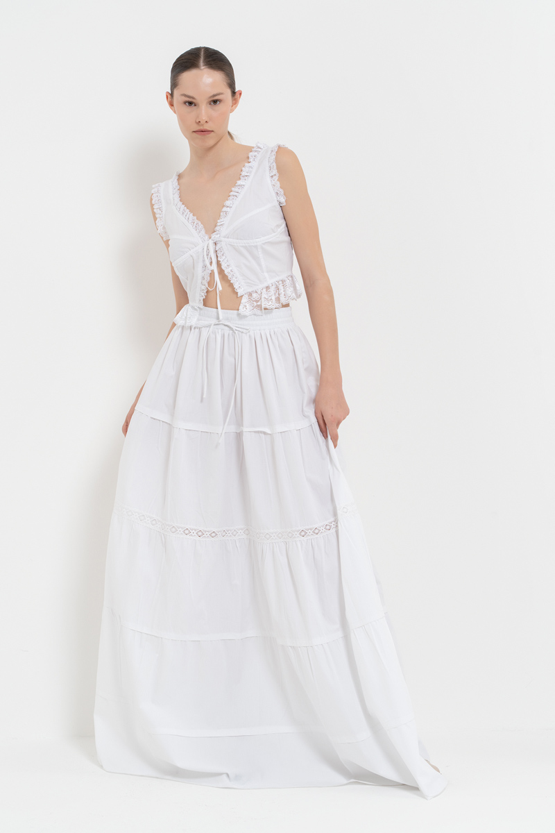 Offwhite Poplin Maxi Skirt with Elastic Waistband