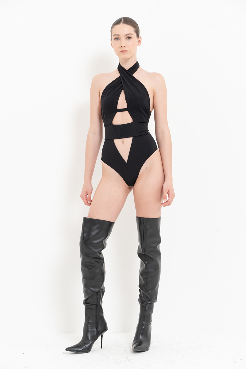 Black Backless Cut Out Bodysuit