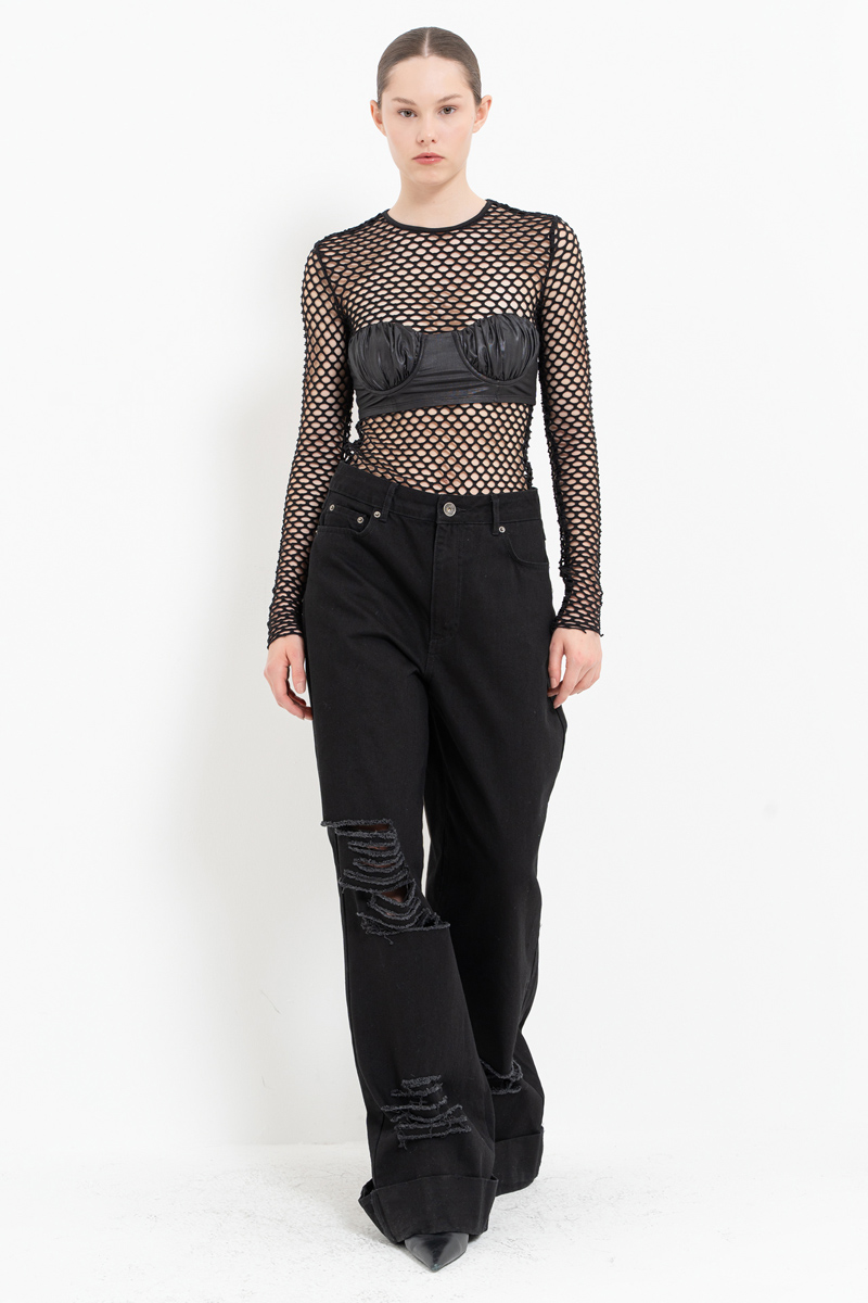 Black Long-Sleeve Net Top