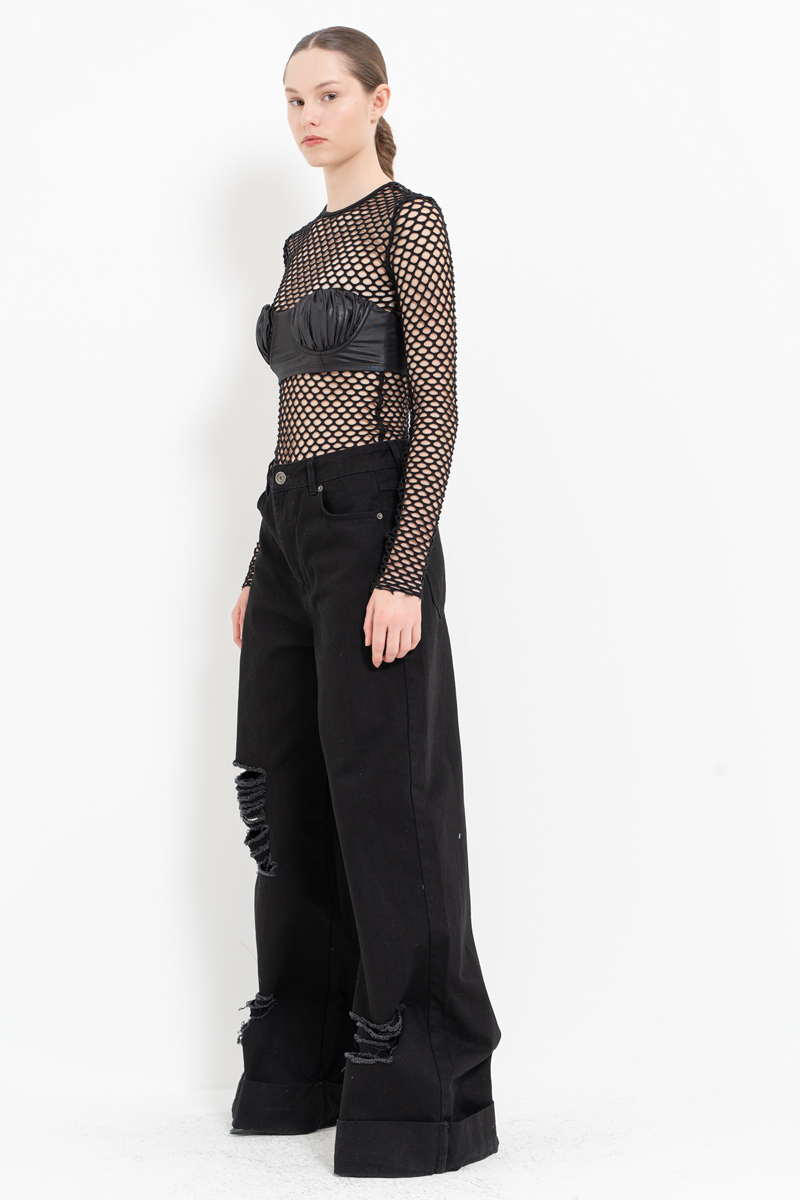 Black Long-Sleeve Net Top