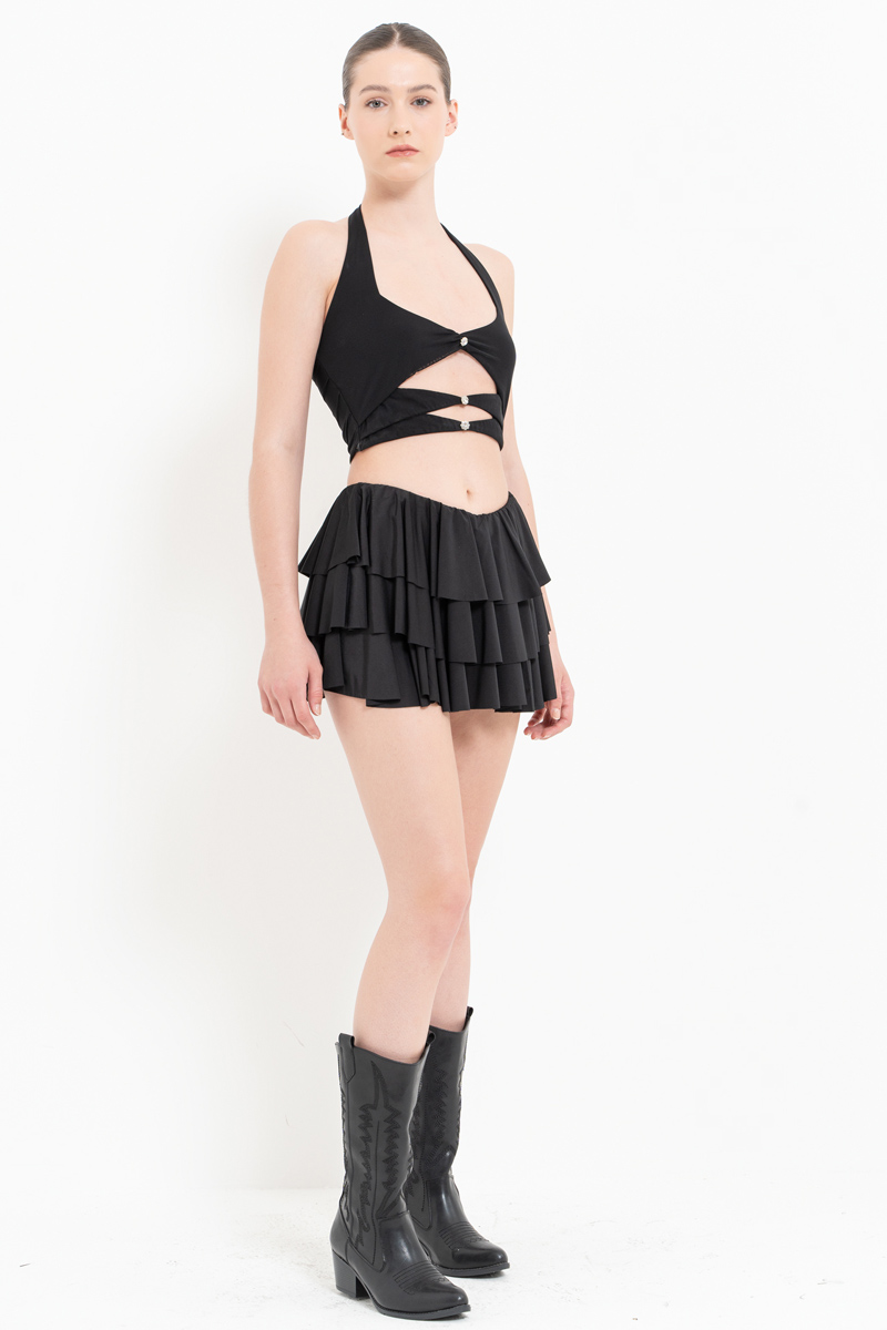 оптовая черный Ruffled Mini Skirt with Shorts