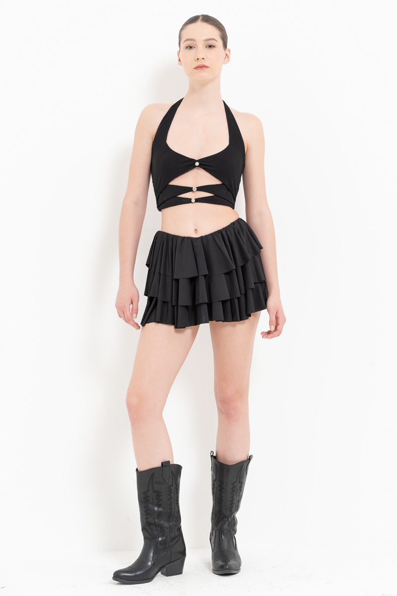 оптовая черный Ruffled Mini Skirt with Shorts