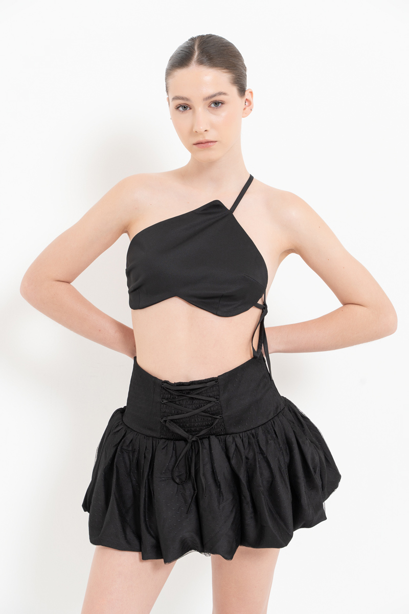 Wholesale Black Ruffle Polka Dot Mini Skirt with Interior Shorts