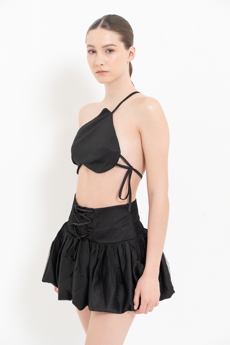 Wholesale Black Ruffle Polka Dot Mini Skirt with Interior Shorts