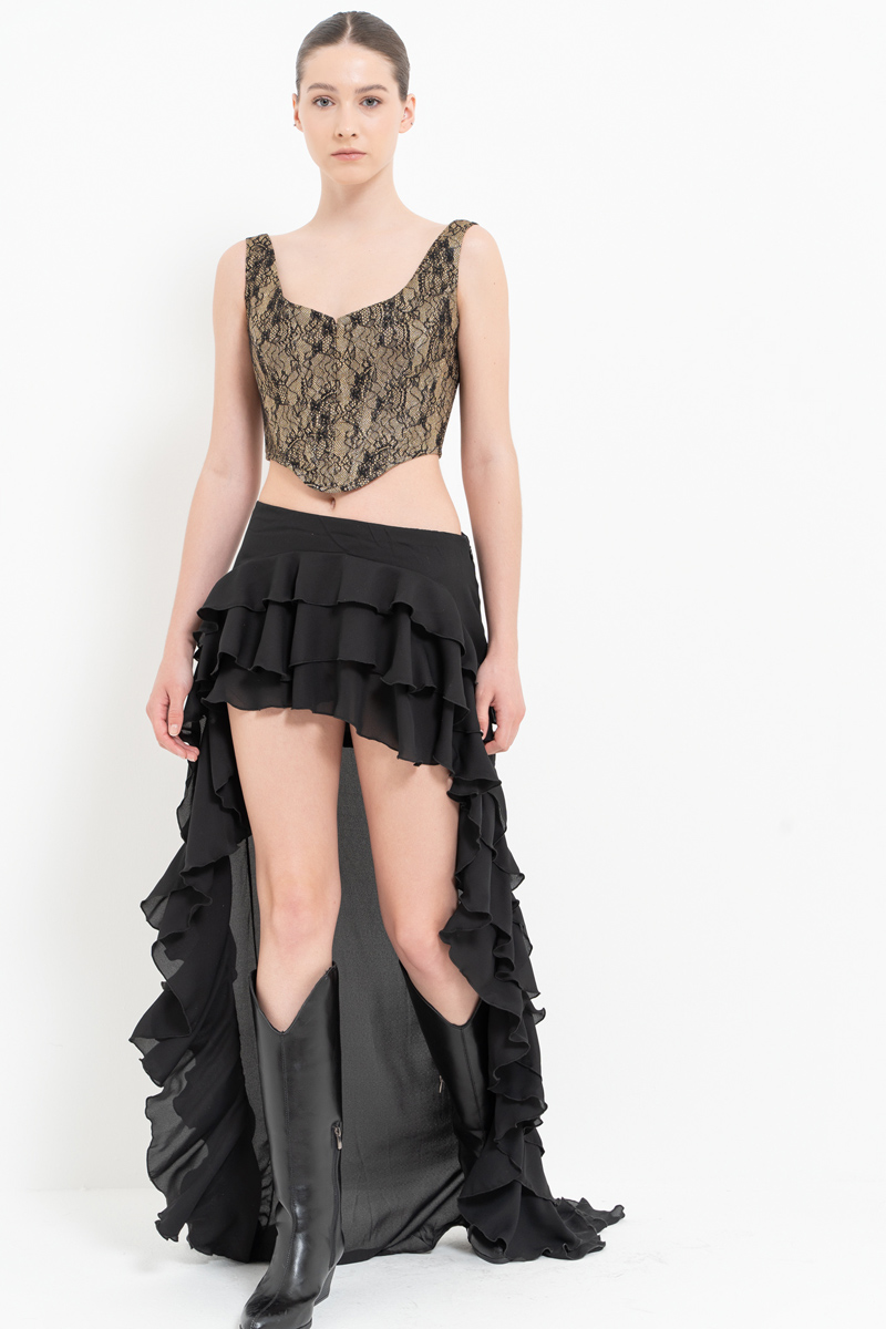 Wholesale Black Ruffle-Trim High-Low Skirt