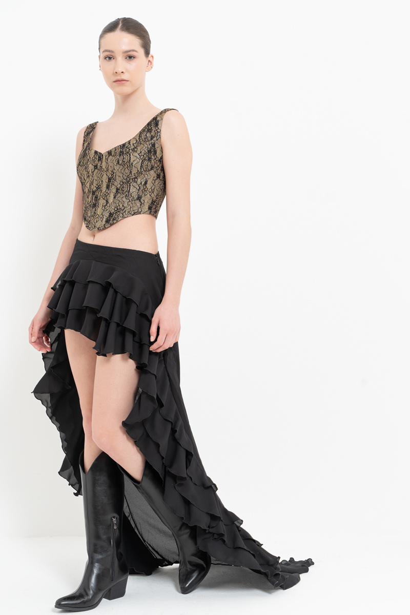 Black Ruffle-Trim High-Low Skirt