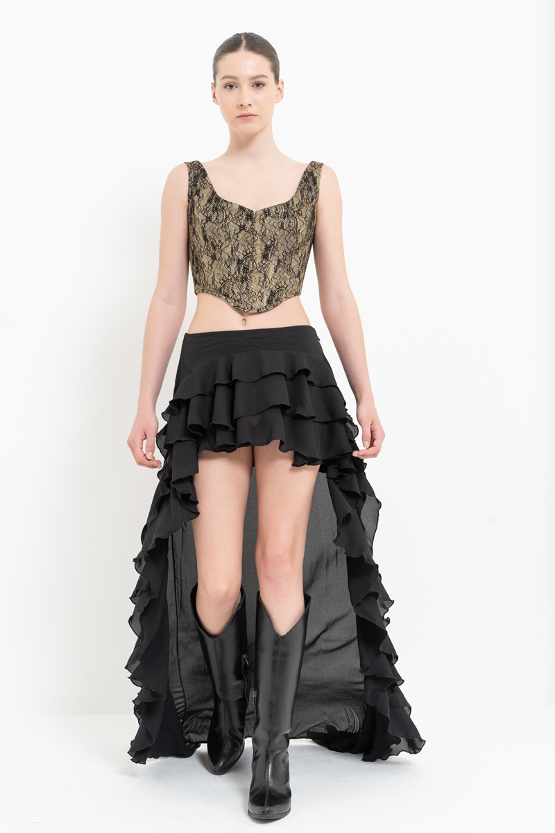 Black Ruffle-Trim High-Low Skirt