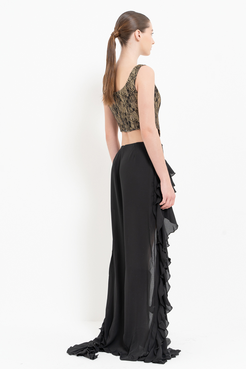 Black Ruffle-Trim High-Low Skirt