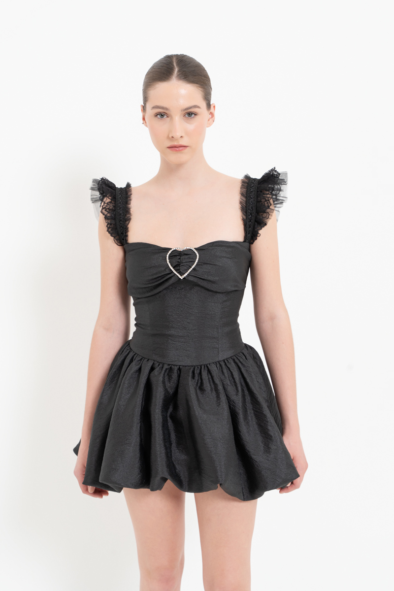 Black Ruffle-Trim Heart-Accent Mini Dress